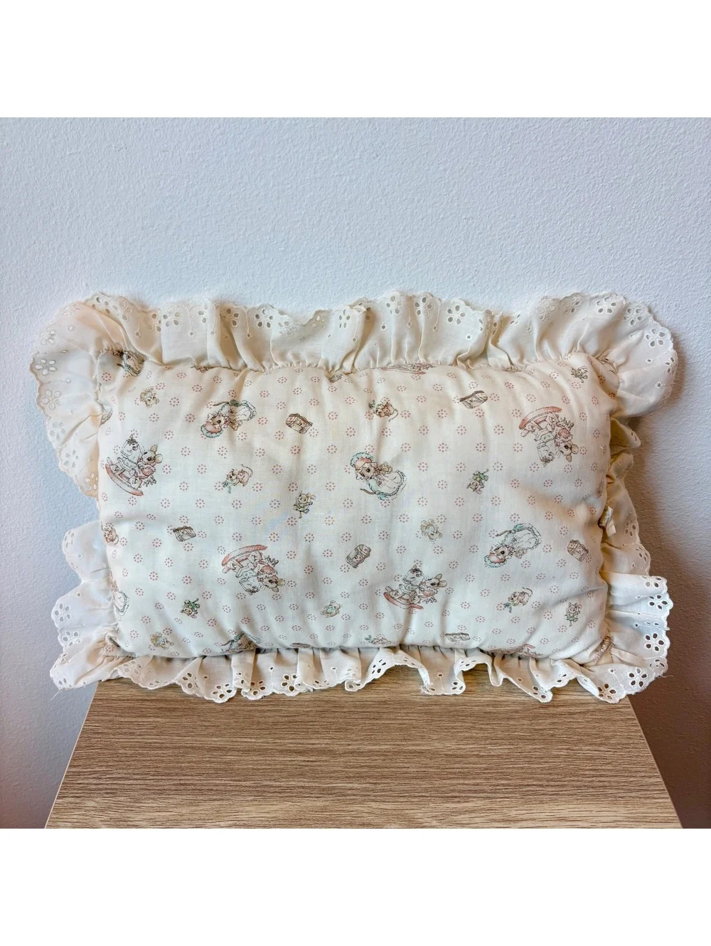 Vintage Nursery Pillow Mice Rocking Horse Eyelet Lace Ruffle Cottagecore Gift